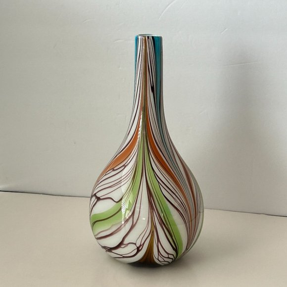 Murano Art Glass Vase Multicolor Bulbous Psychedelic Fluid Feather Striped Decor - Picture 2 of 16